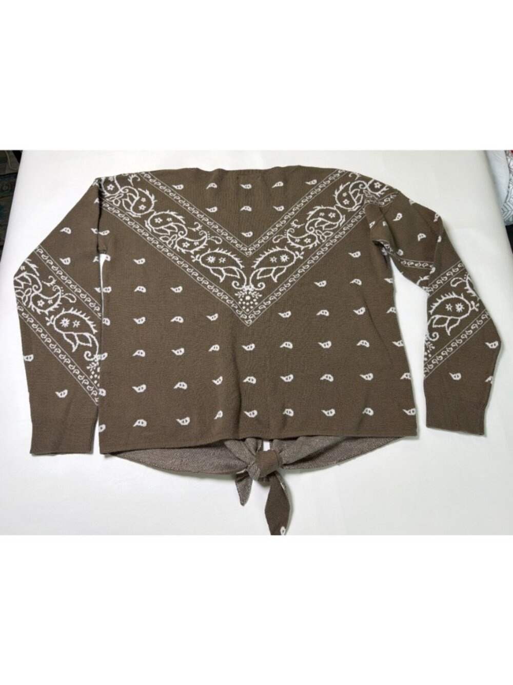 Lucky Brand Intarsia tie front sweater Bandana Olive Pullover Casual, Medium - Picture 5 of 7